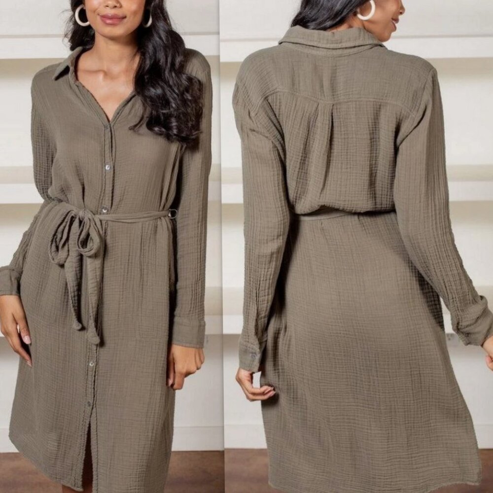 MICHAEL STARS Cleo Button Down Double Gauze Shirt Dress in Safari Sz L - NWT!! - Picture 3 of 8